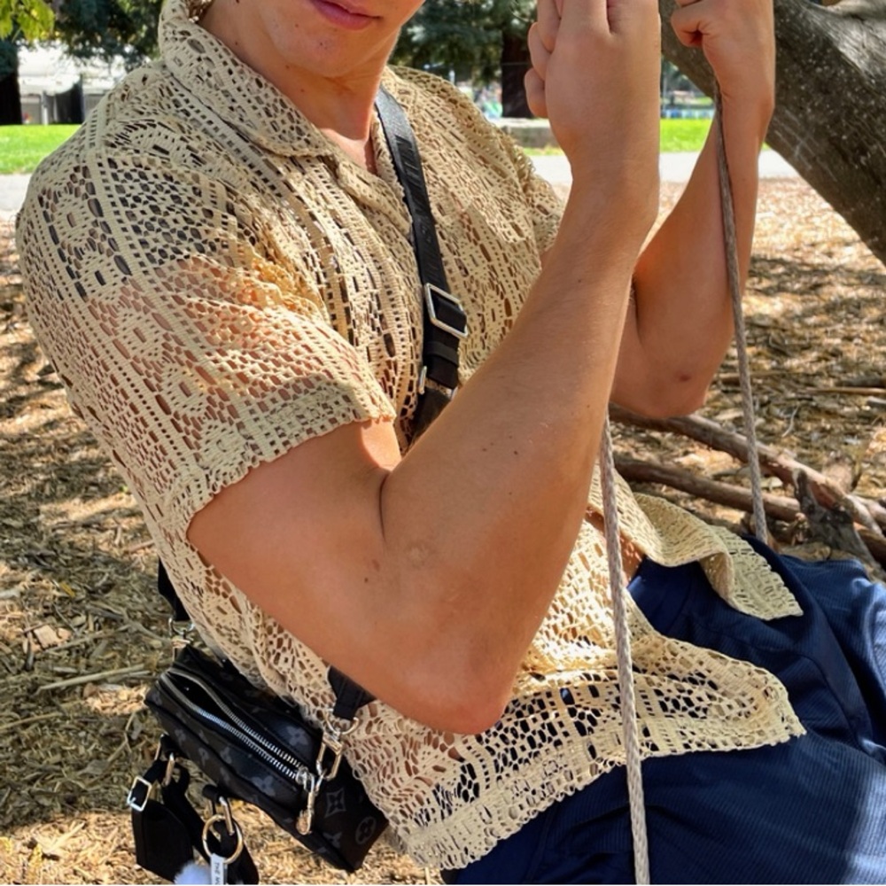 LACE MEN SEE THROUGH SAN FRANCISCO WORK SHIRT FLORAL KNIT LINEN CURTAIN MESH NET